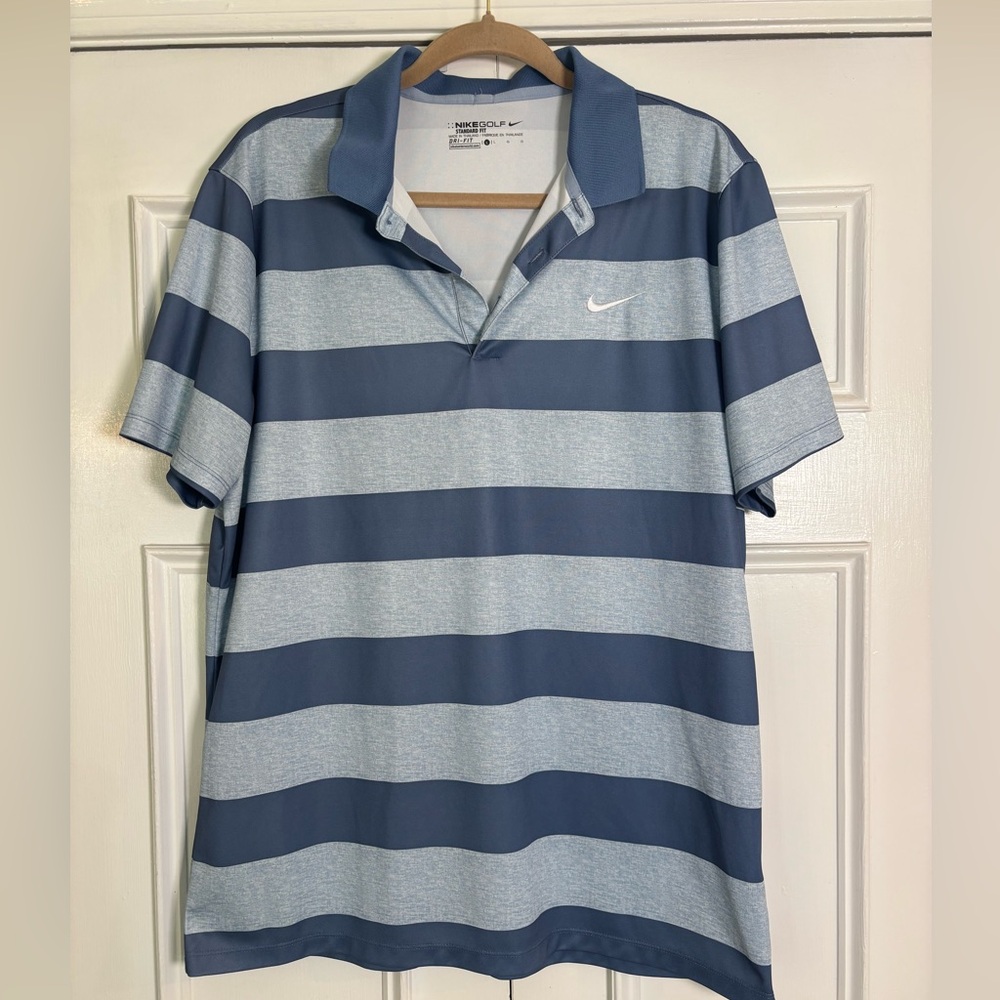 Men’s Nike Dry Fit Golf Pro Blue Striped Short Sleeved Polo Shirt Size Large